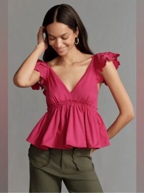 Anthropologie Fuchsia Ruffle-Sleeve Peplum Top